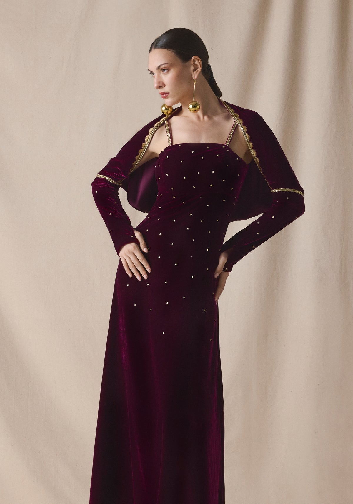 maroon Velvet kaftan with Cape