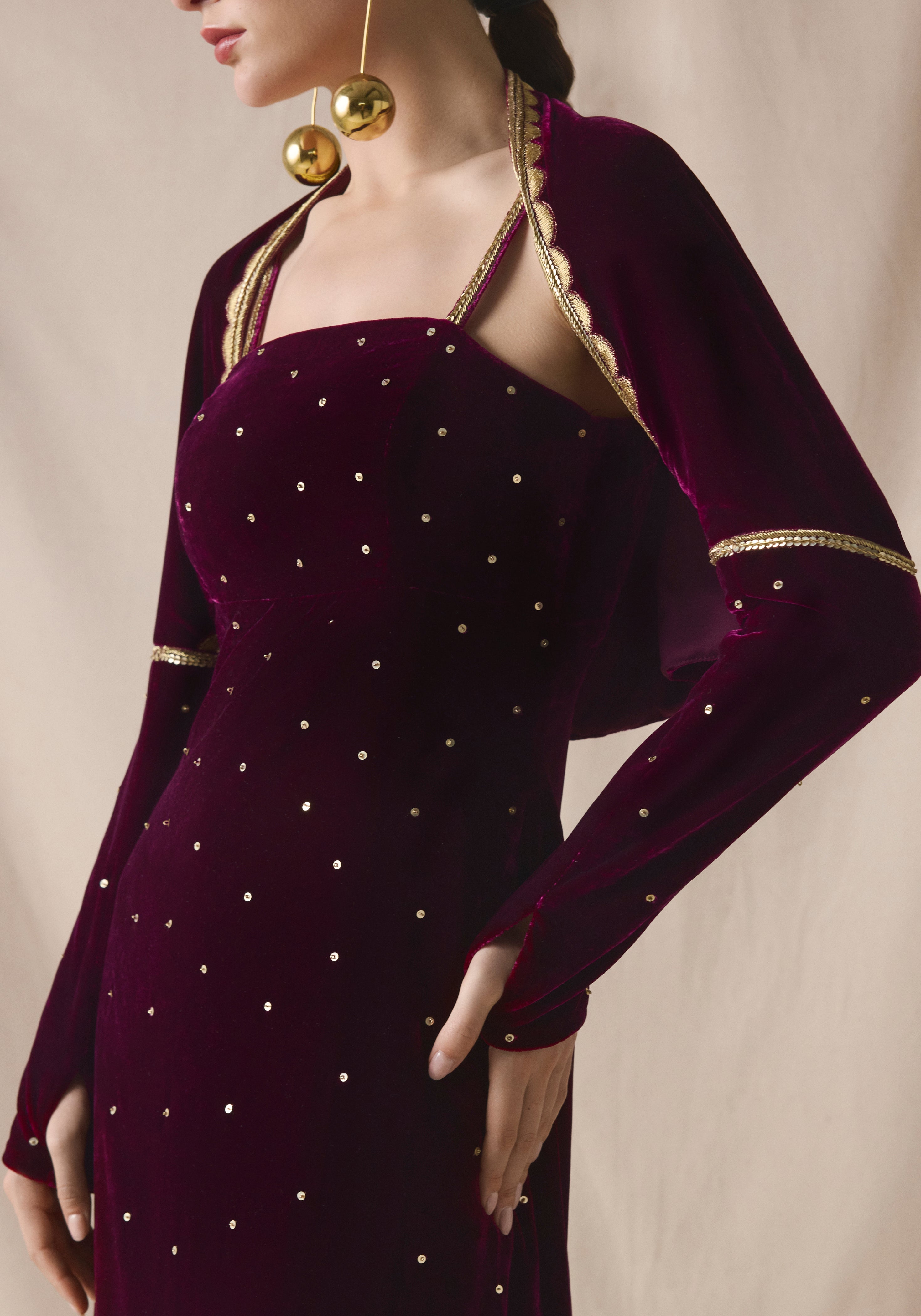 maroon Velvet kaftan with Cape