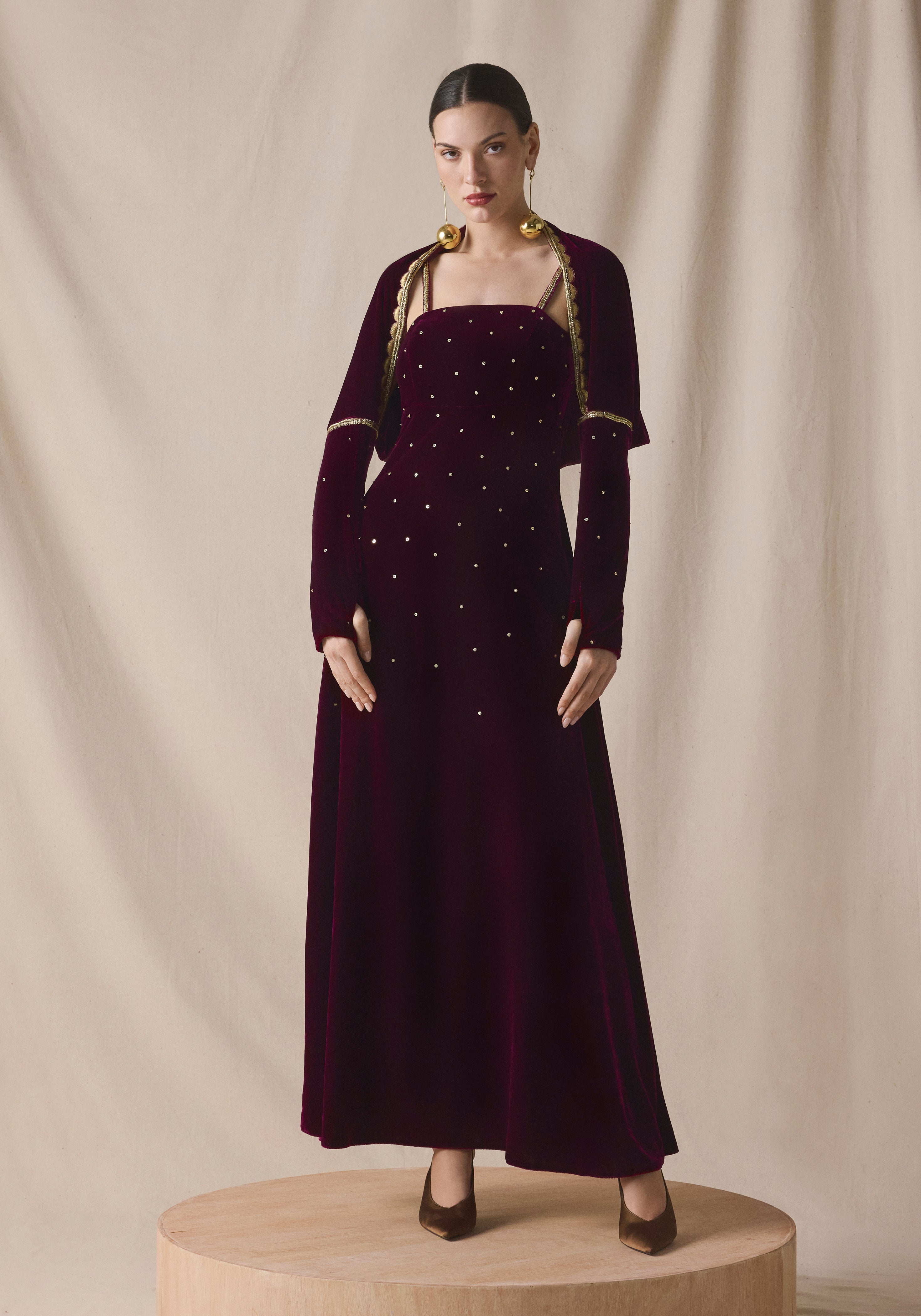 maroon Velvet kaftan with Cape