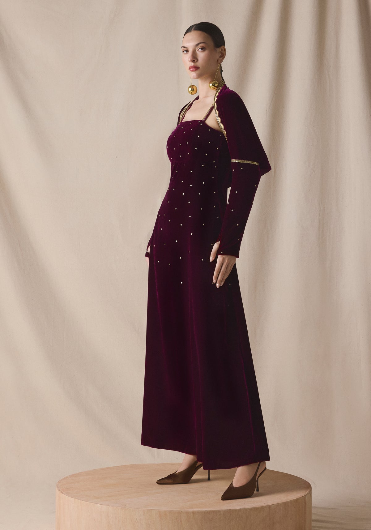 maroon Velvet kaftan with Cape