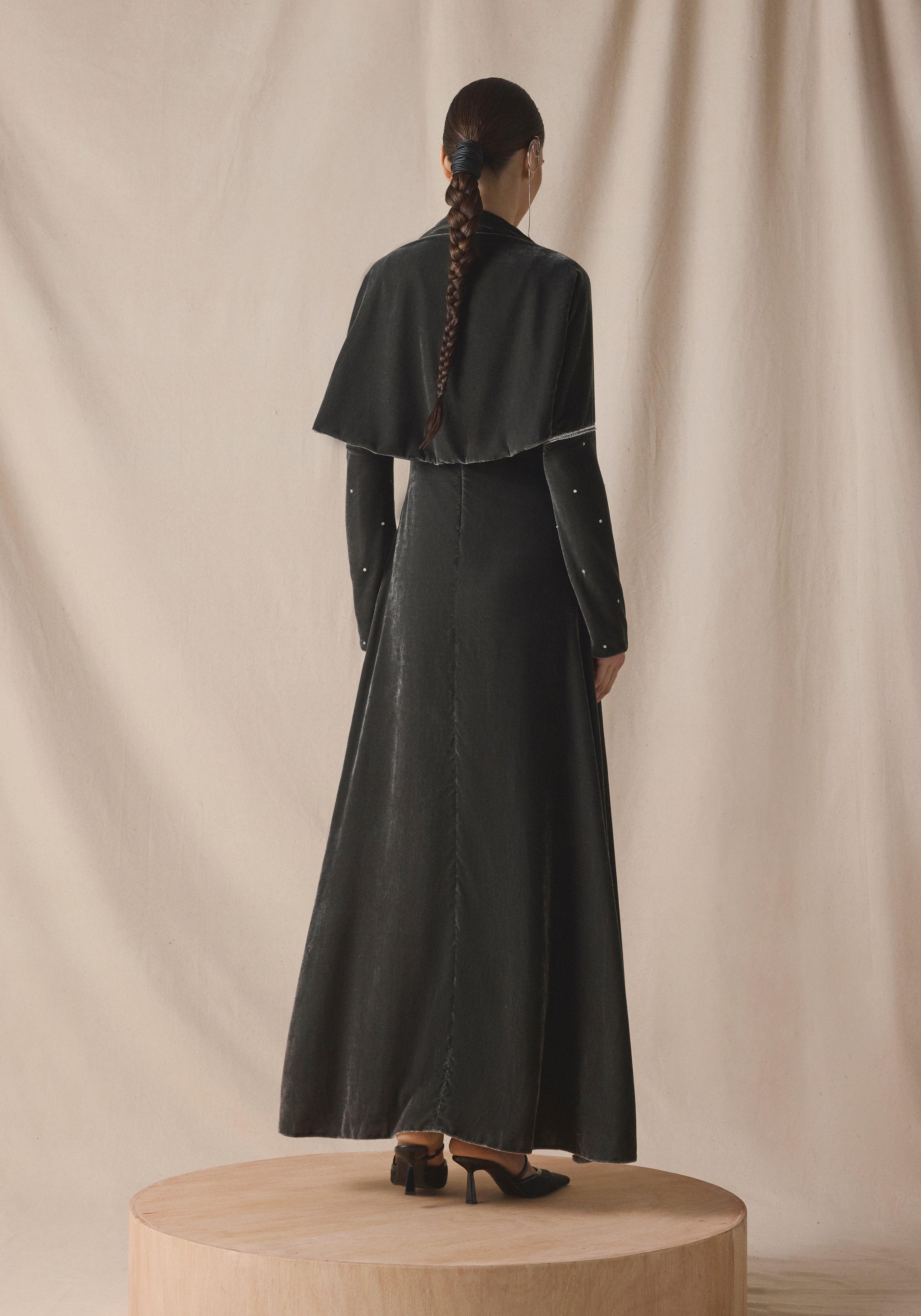 Grey Velvet Kaftan with Cape with silver embroidery