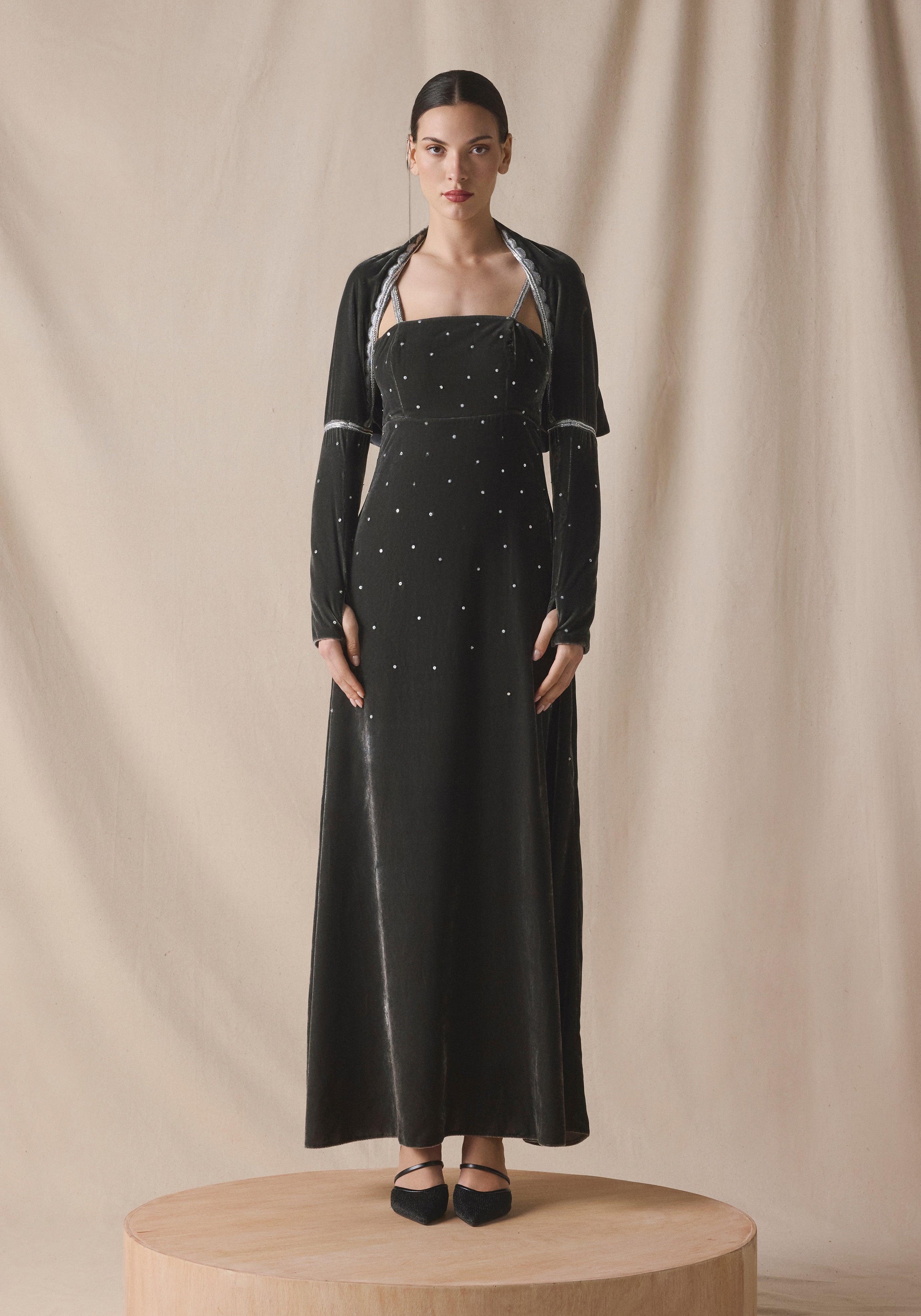 Grey Velvet Kaftan with Cape with silver embroidery