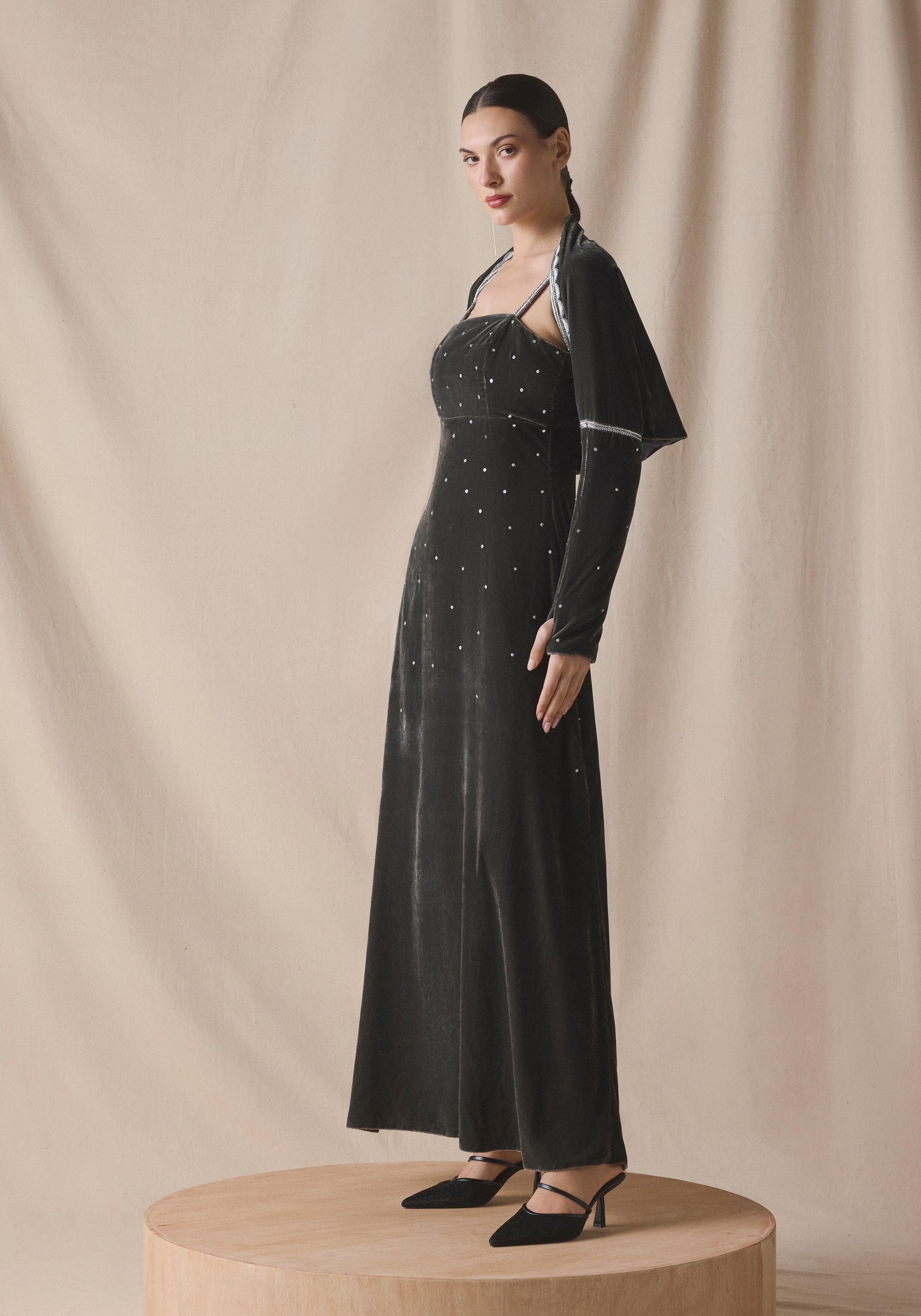 Grey Velvet Kaftan with Cape with silver embroidery