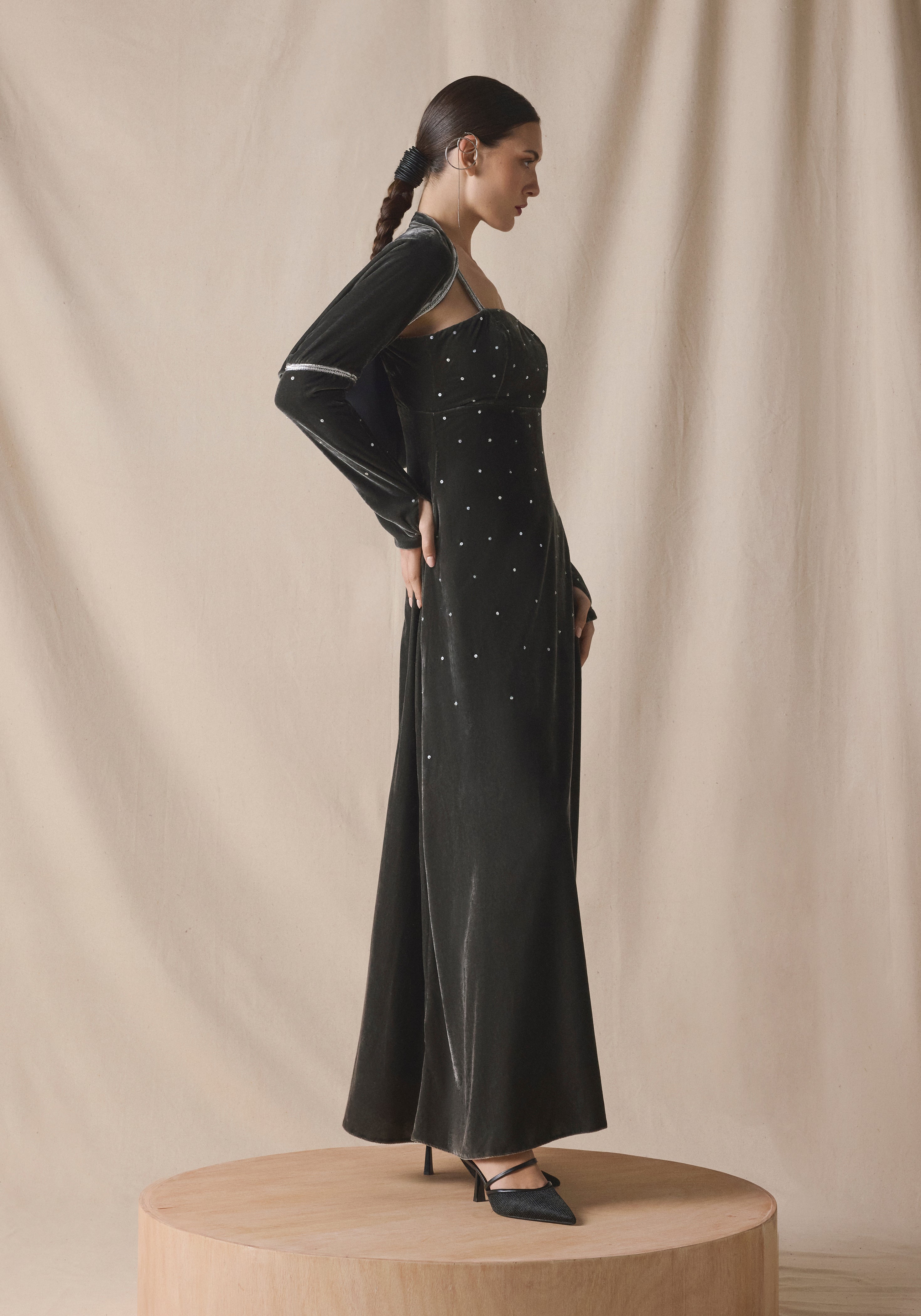 Grey Velvet Kaftan with Cape with silver embroidery