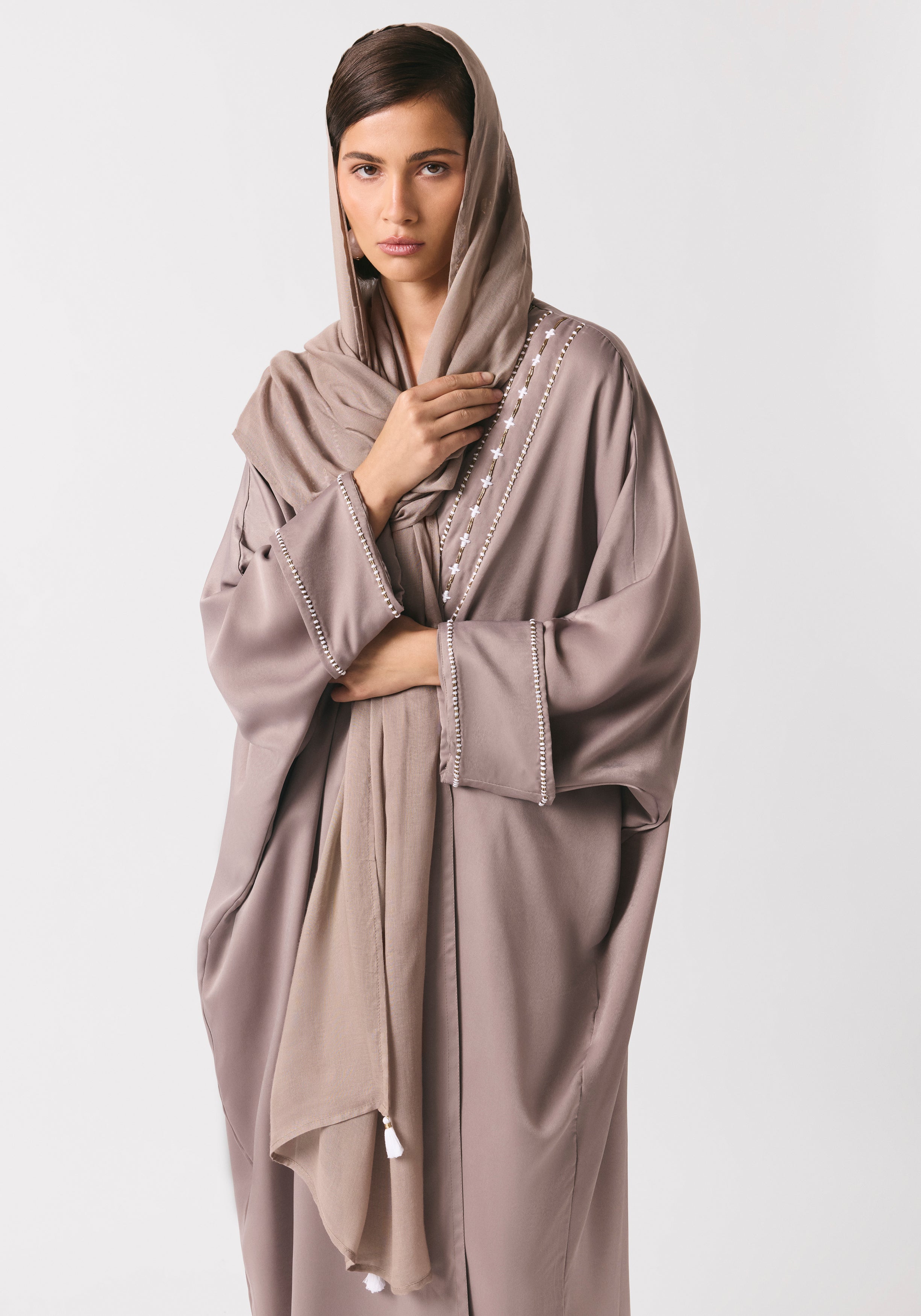 Taupe Silk Abaya & Shayla