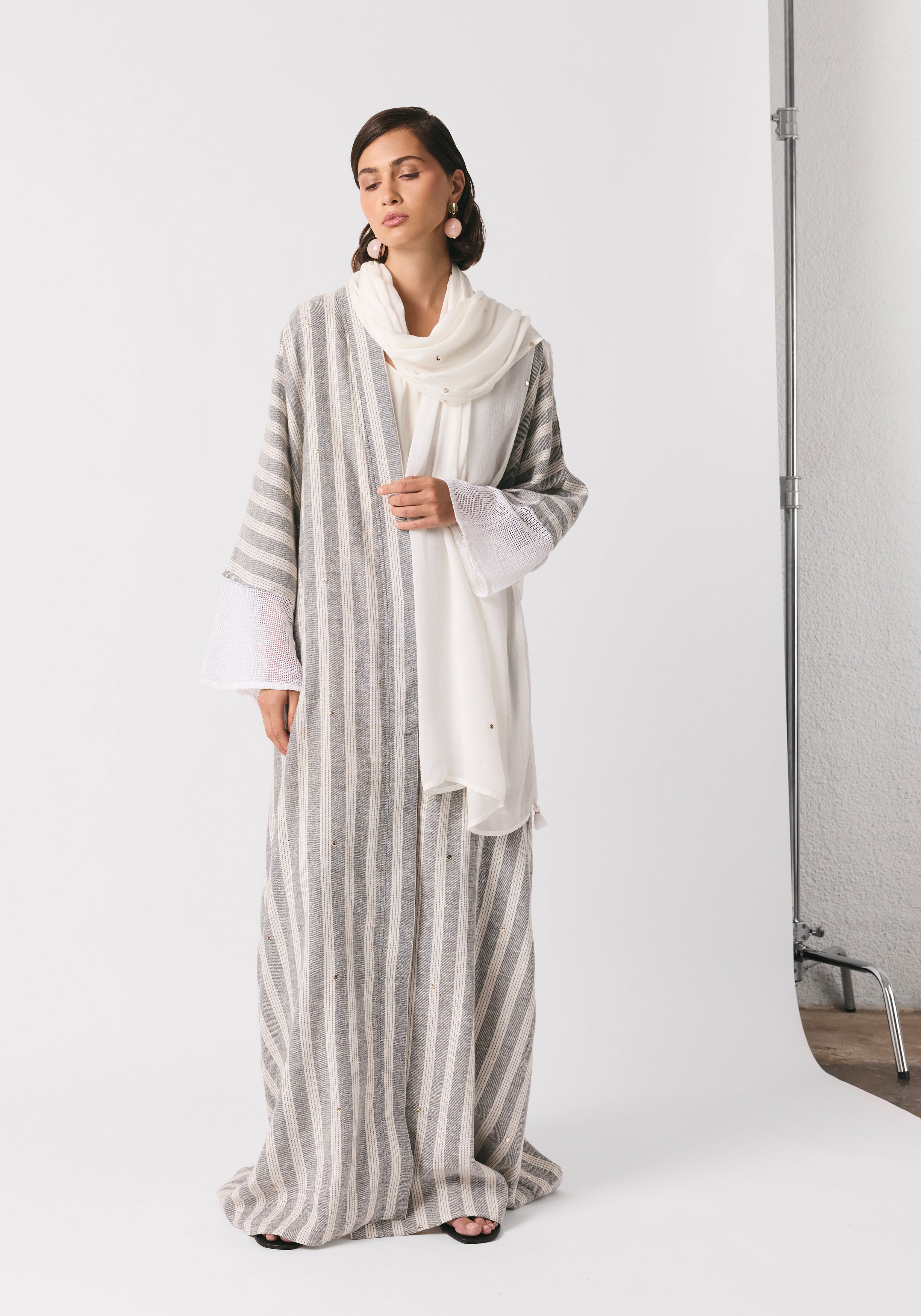 Striped Gray Linen Abaya & Shayla