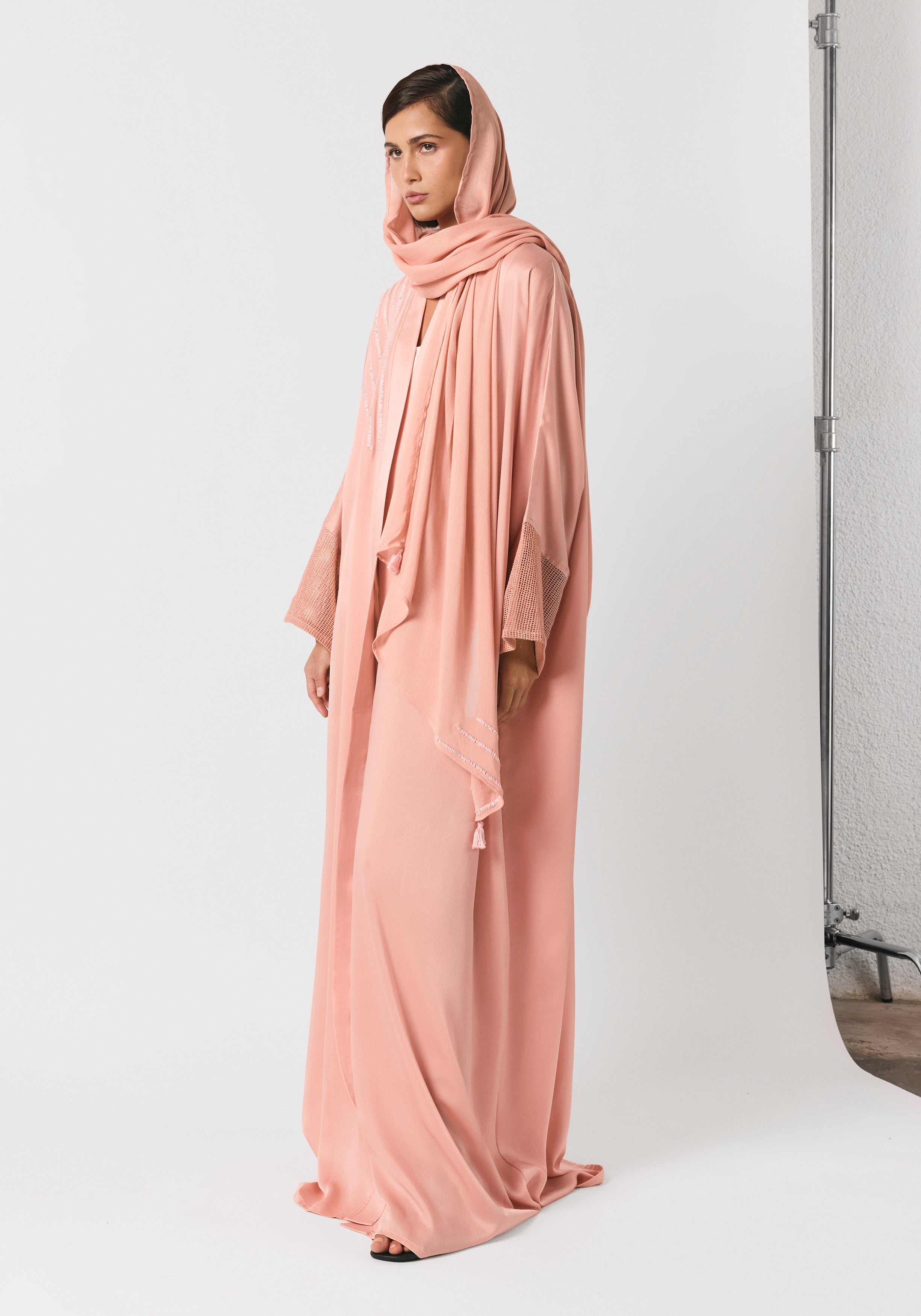 Salmon Pink Silk Abaya & Shayla