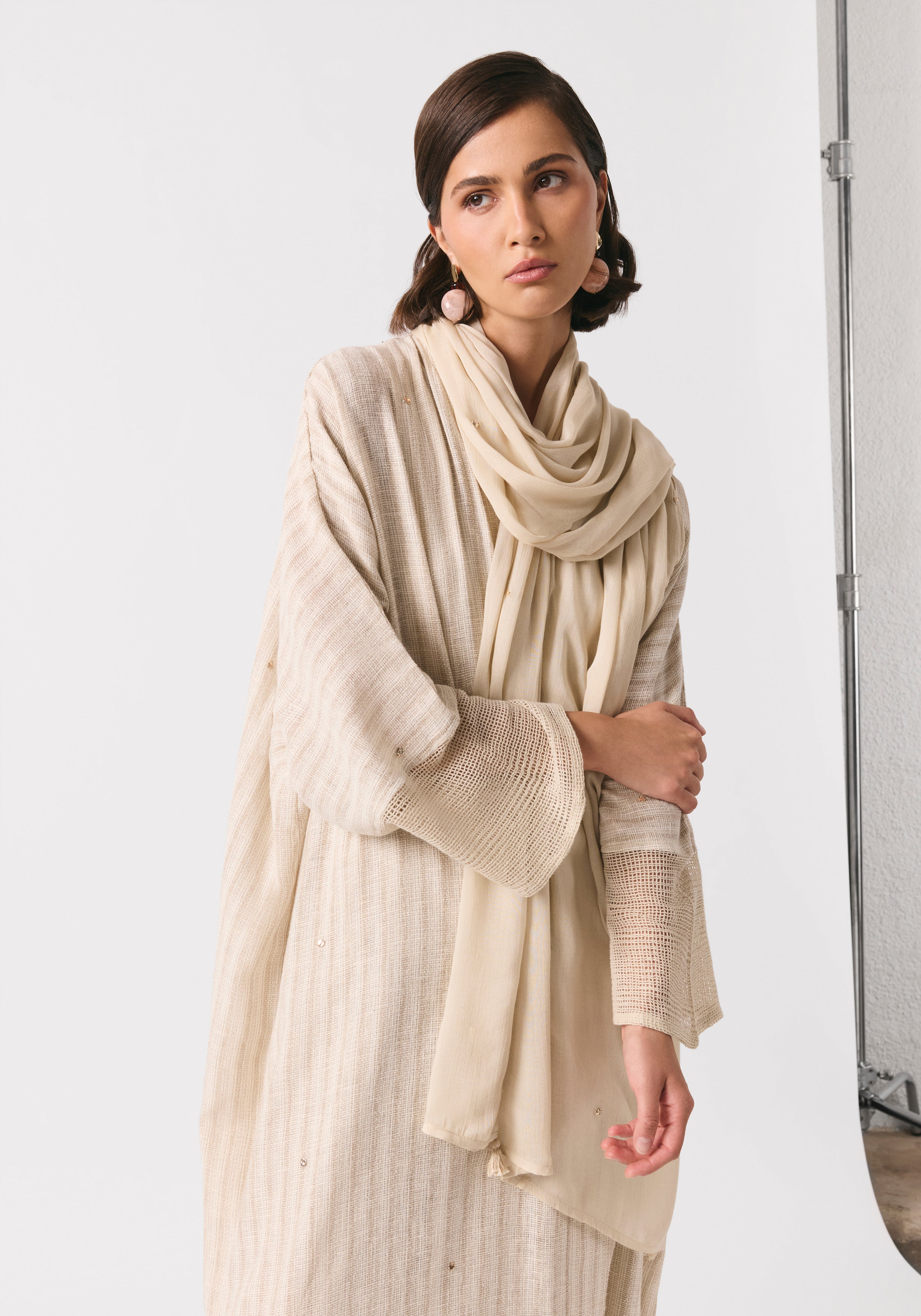 Striped Linen Abaya & Shayla with gold dots