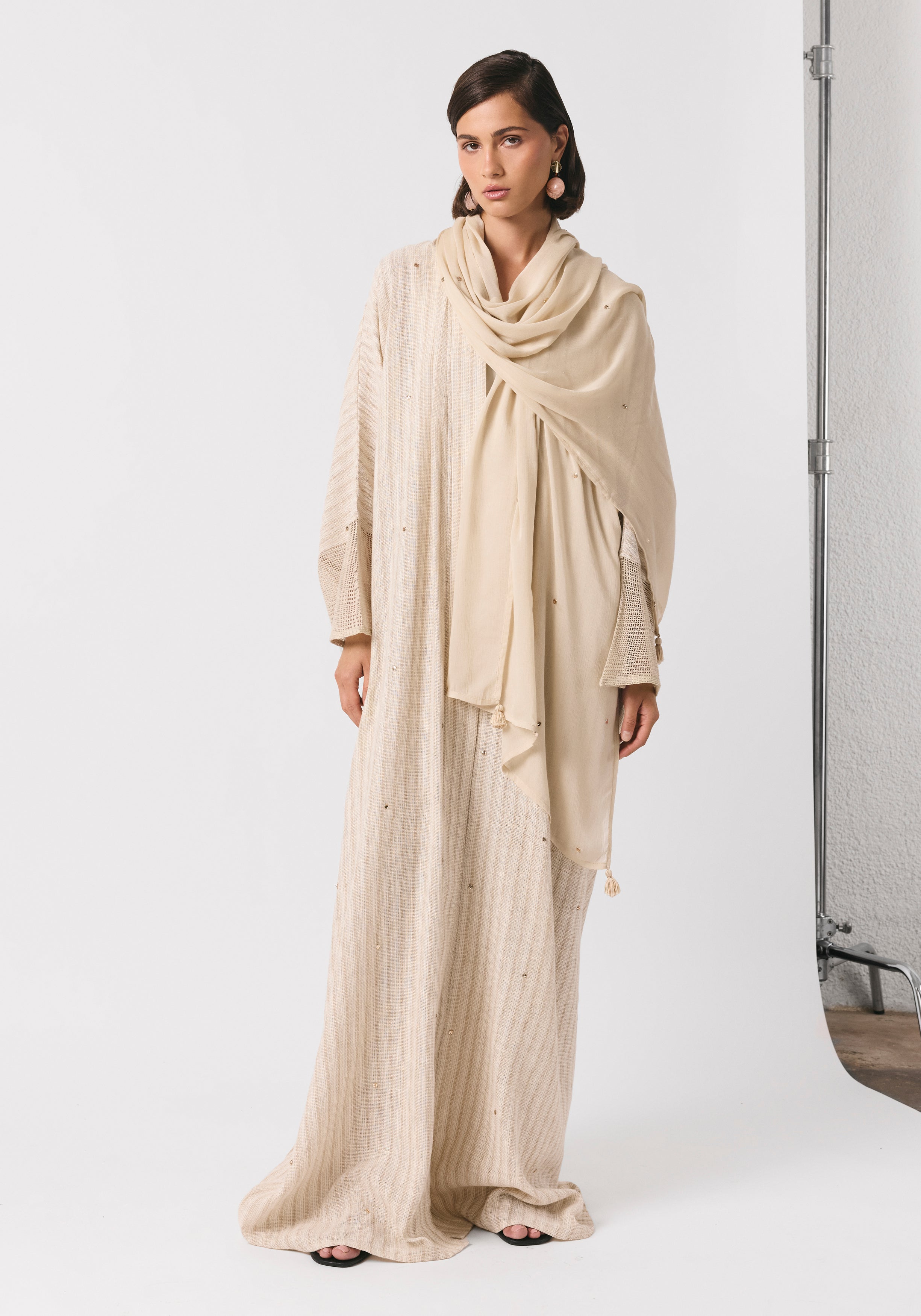 Striped Linen Abaya & Shayla with gold dots