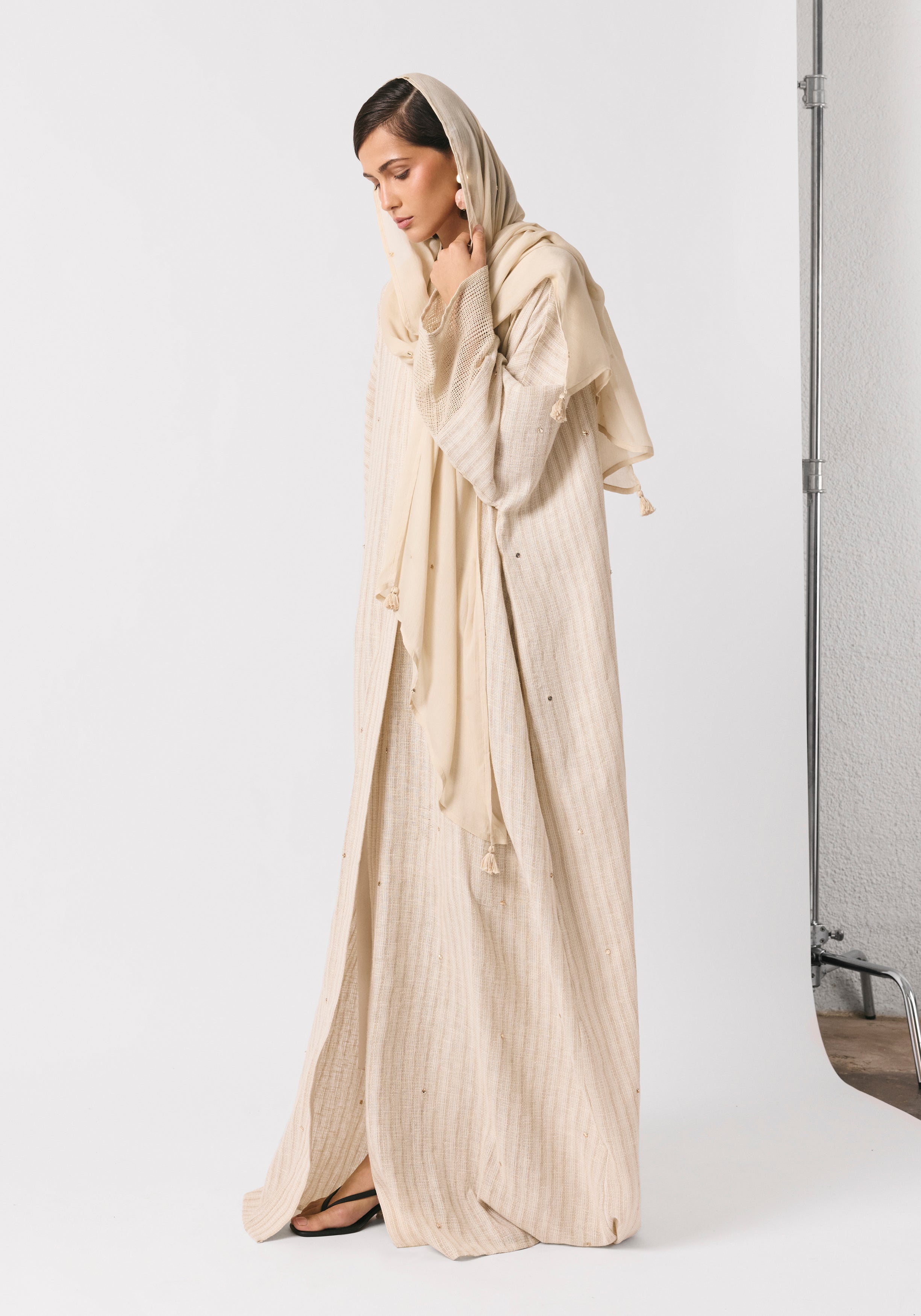 Striped Linen Abaya & Shayla with gold dots
