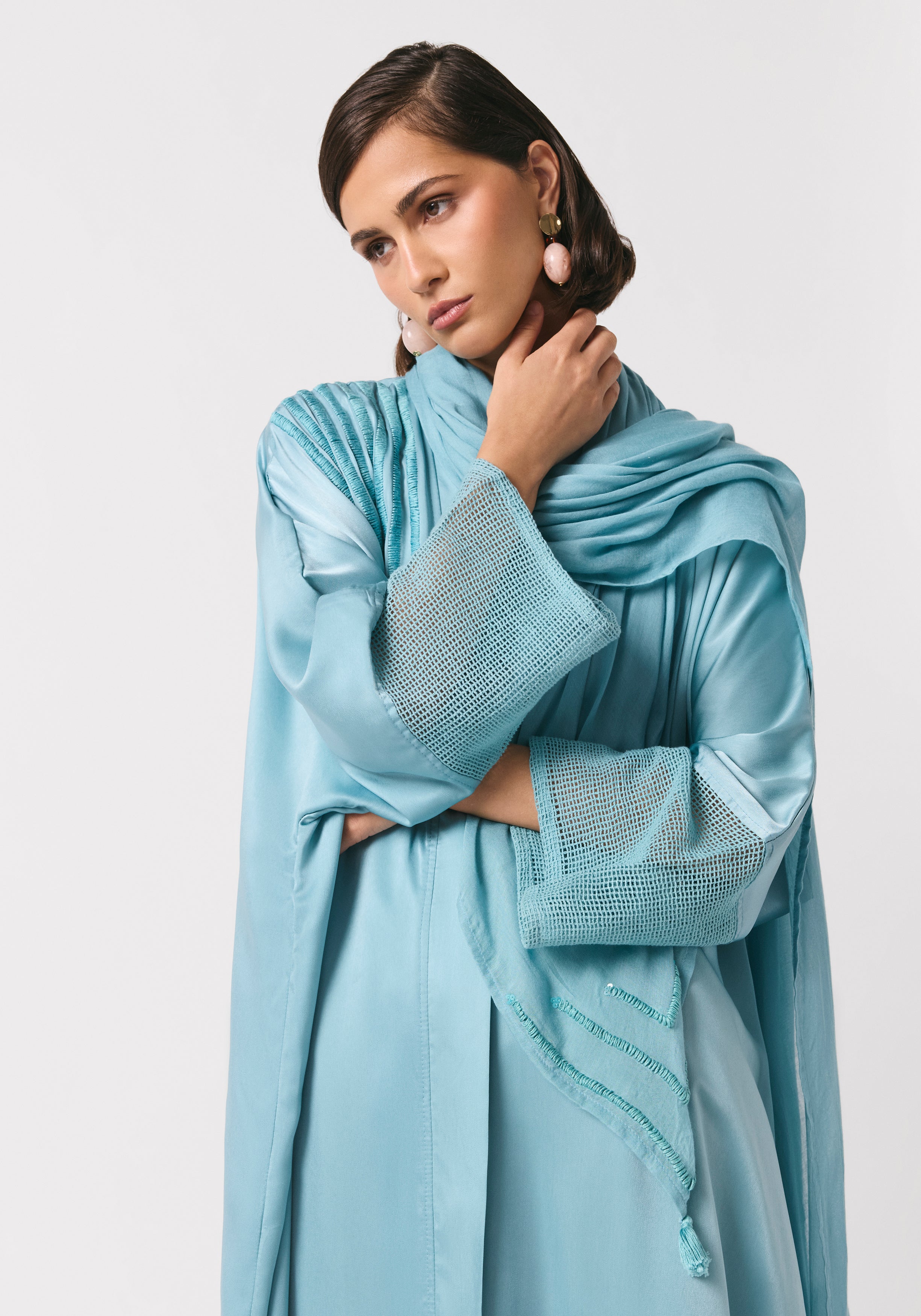 Sky Blue Silk Abaya & Shayla