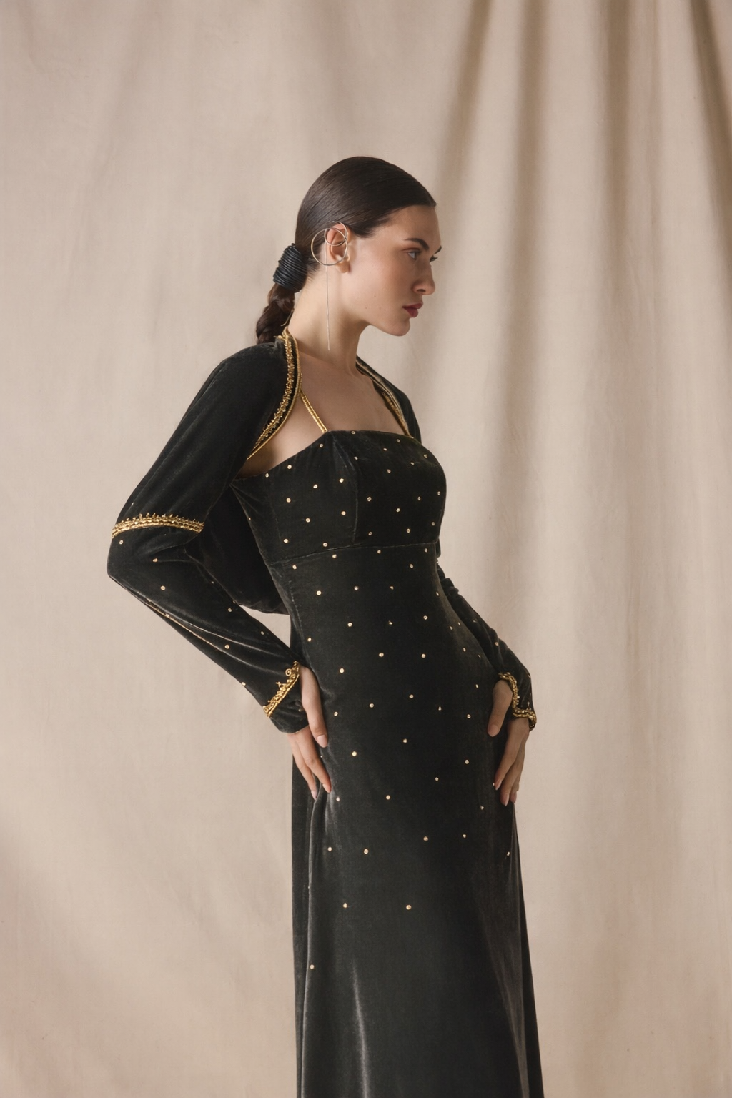 Grey Velvet Kaftan with Cape with gold embroidery