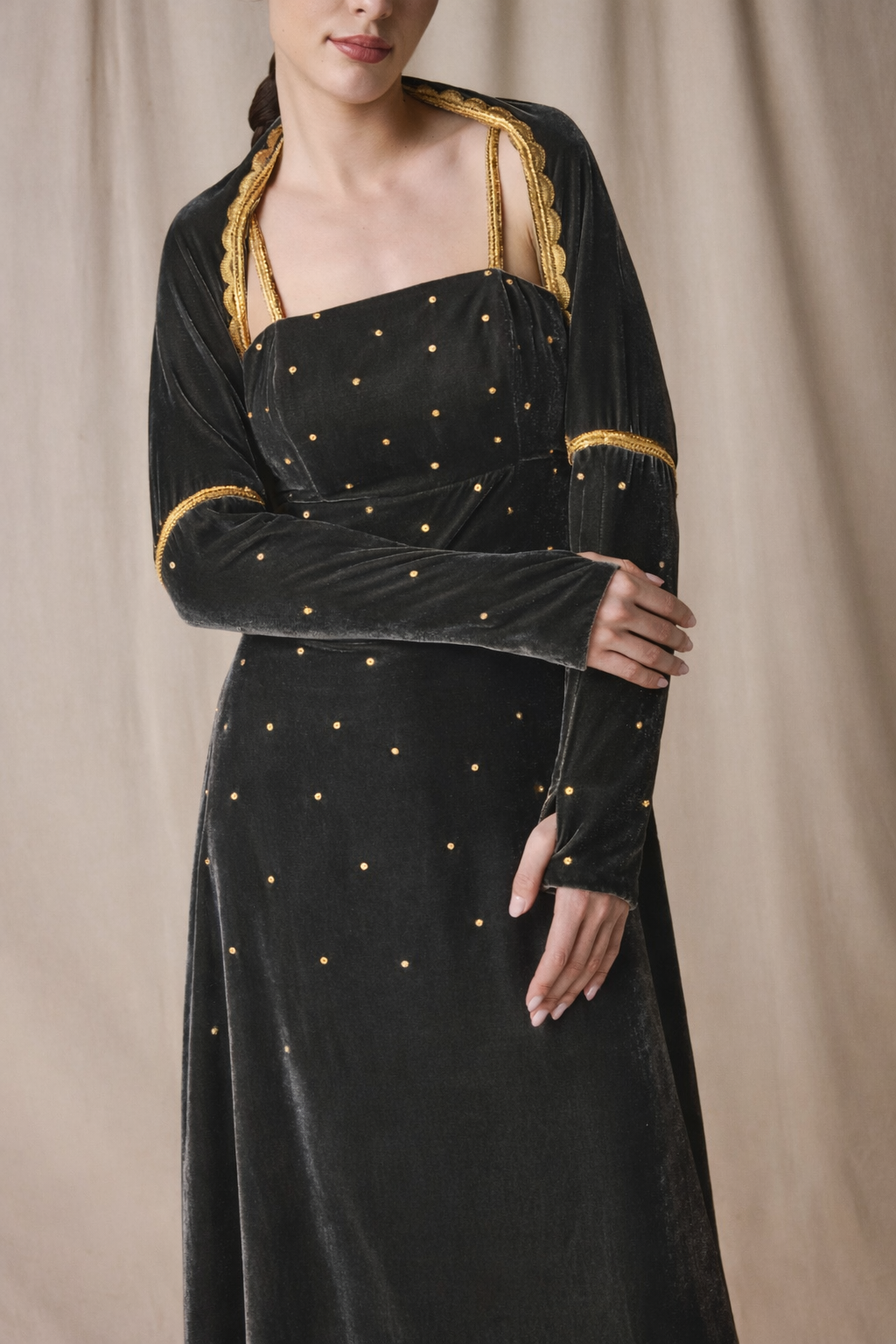 Grey Velvet Kaftan with Cape with gold embroidery