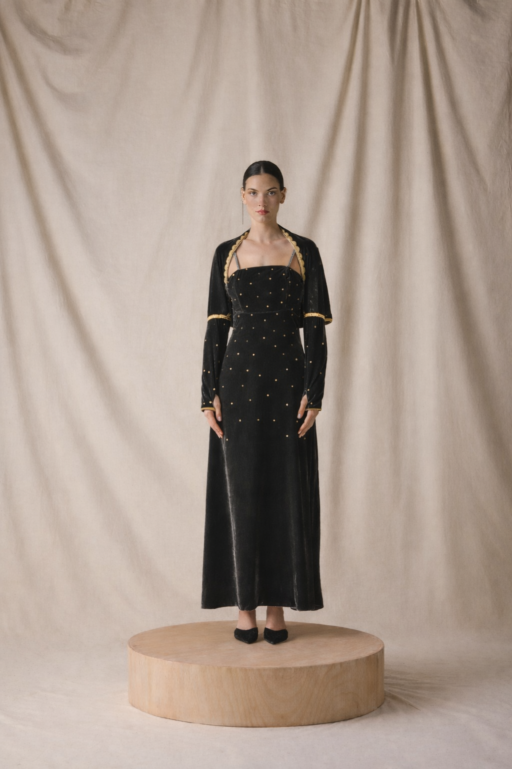 Grey Velvet Kaftan with Cape with gold embroidery