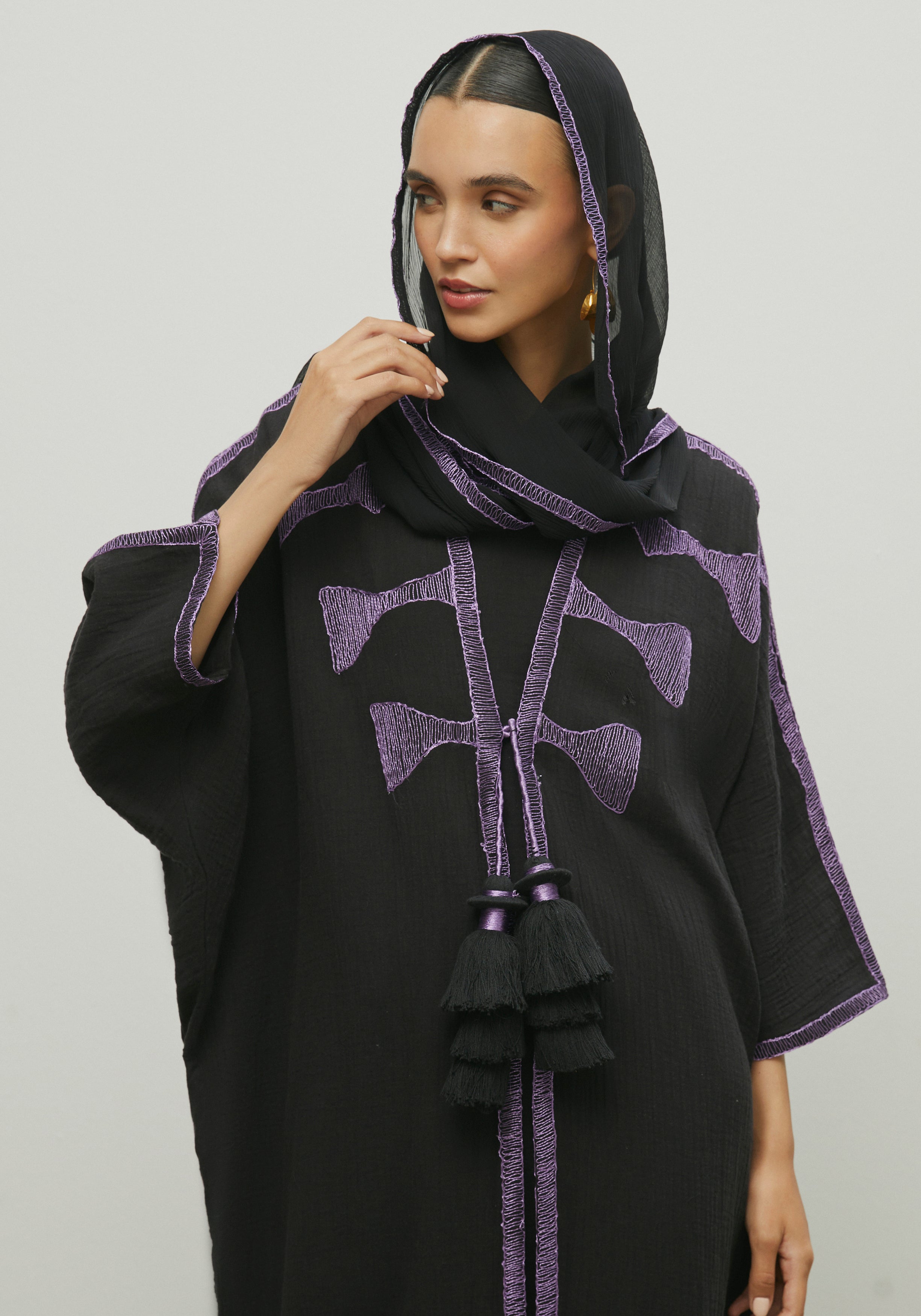 BLACK MAUVE TASSELS ABAYA /SHAYLA
