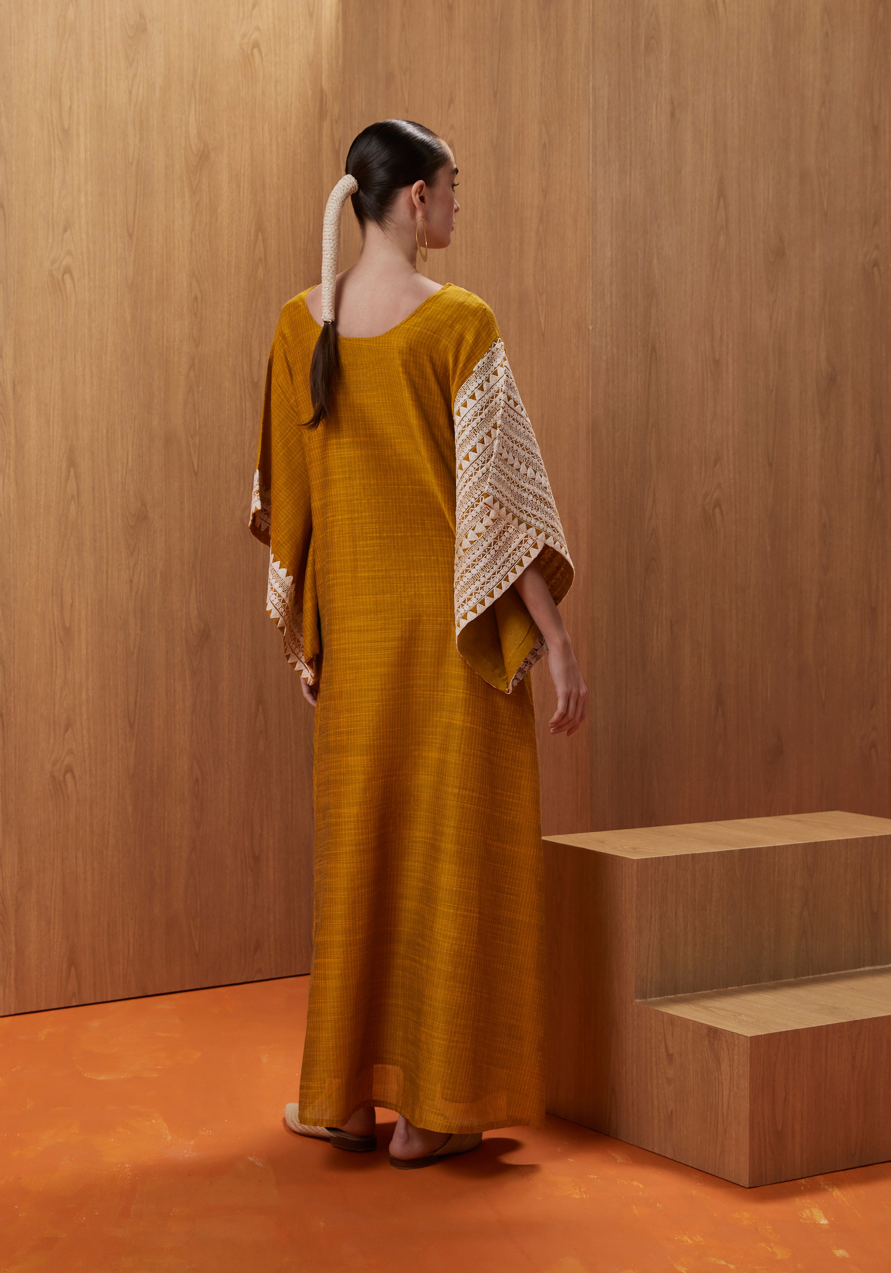 Mustard yellow Kaftan with white embroidery