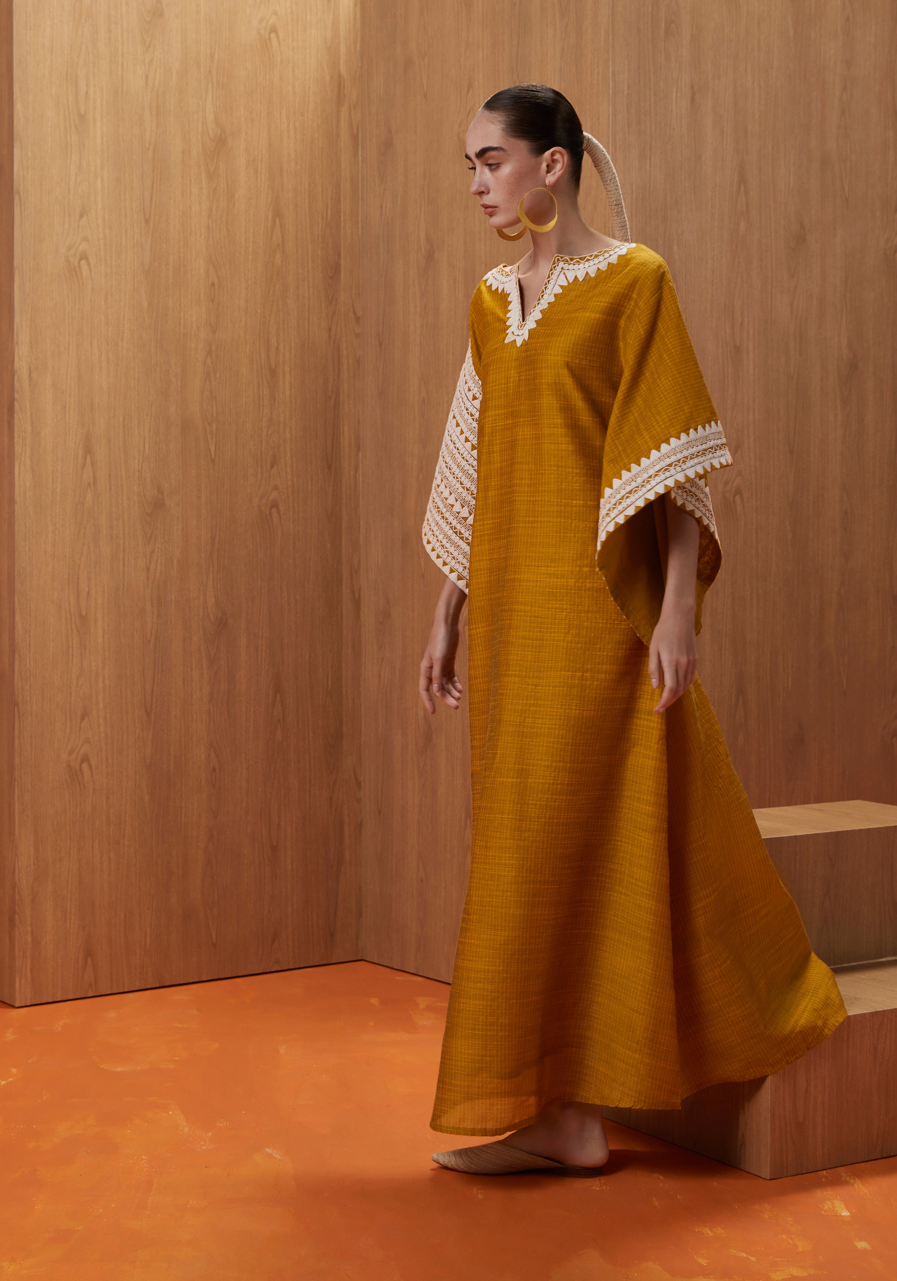 Mustard yellow Kaftan with white embroidery