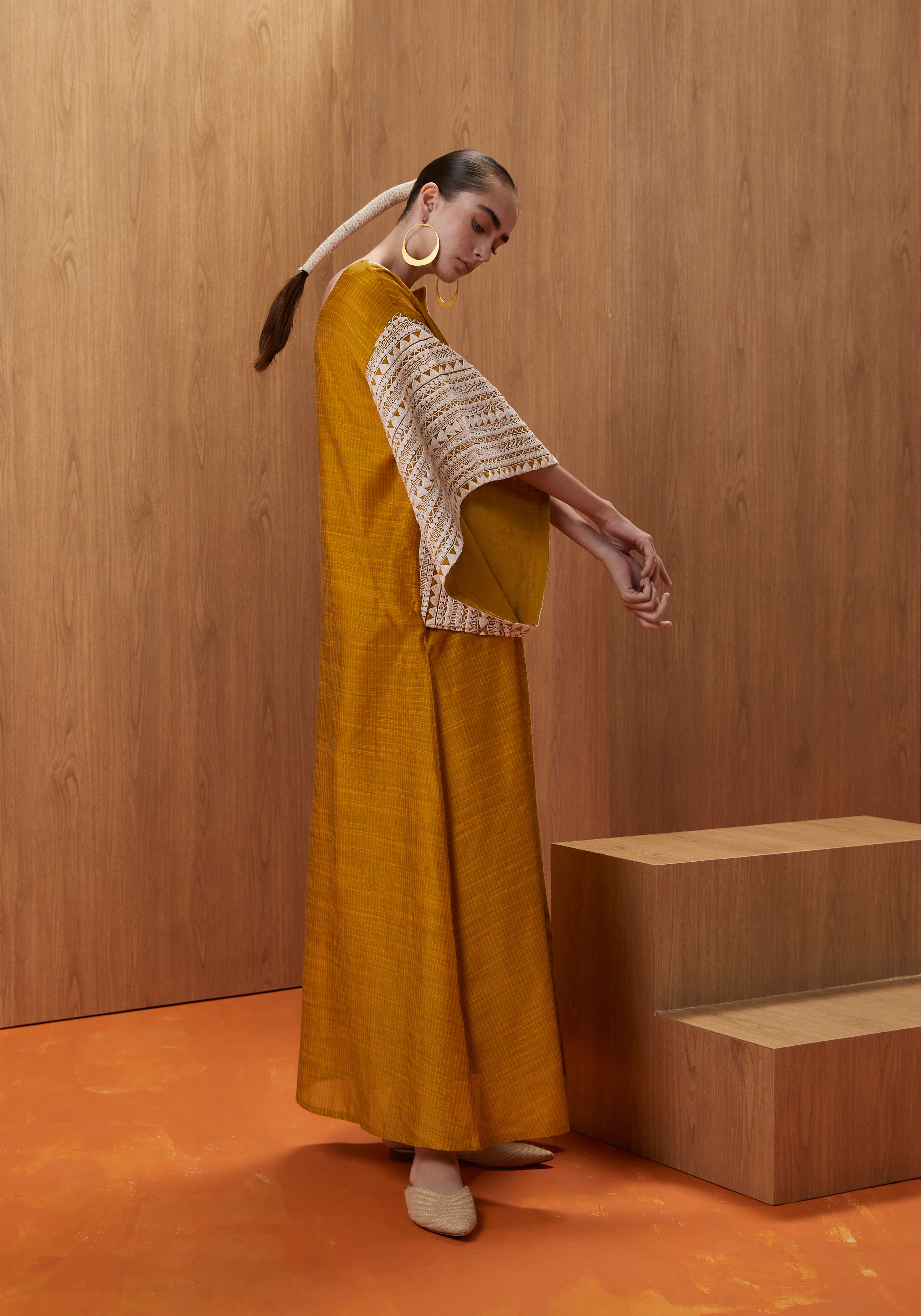Mustard yellow Kaftan with white embroidery