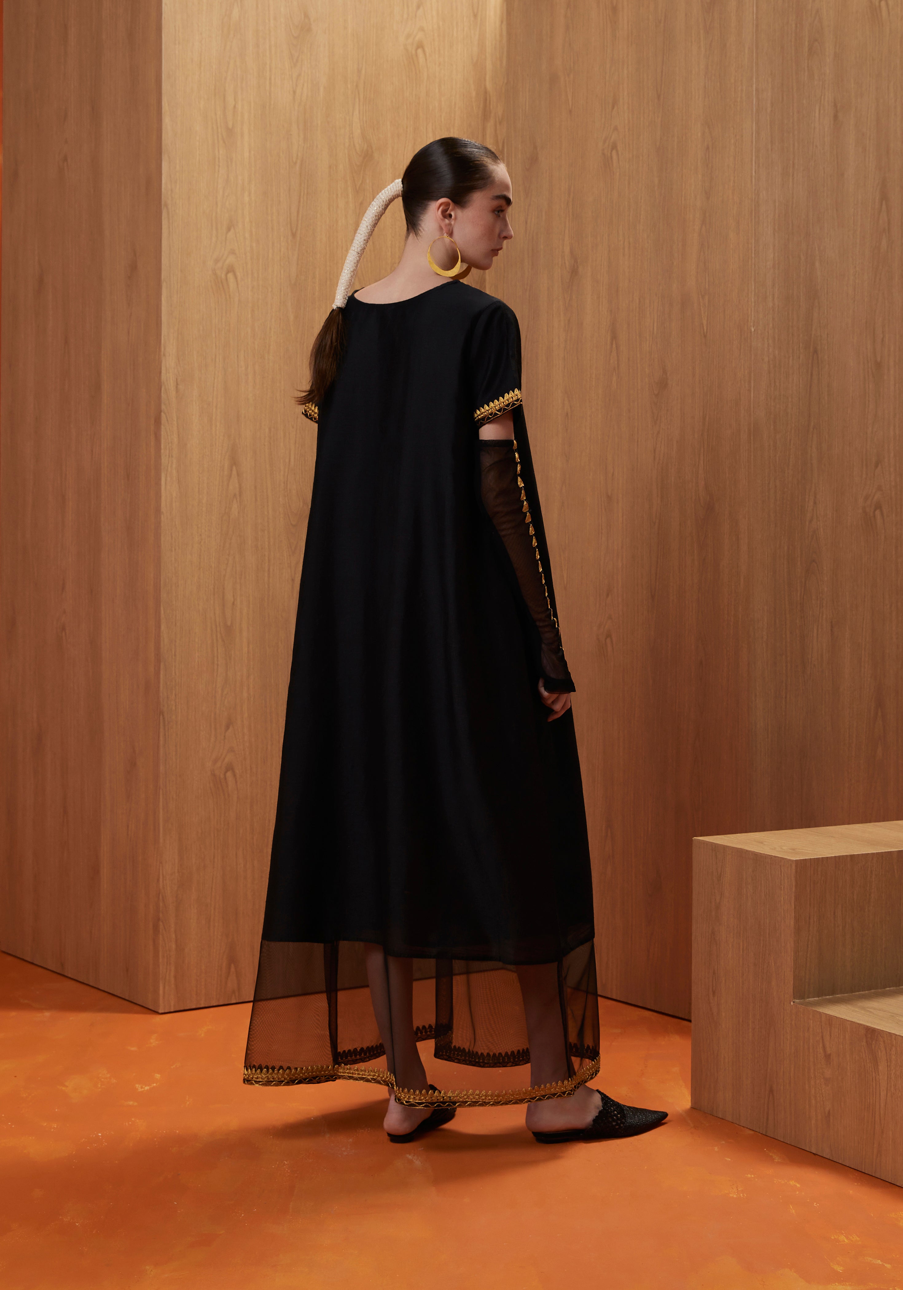 Black Kaftan with Sheer embroidered Gloves