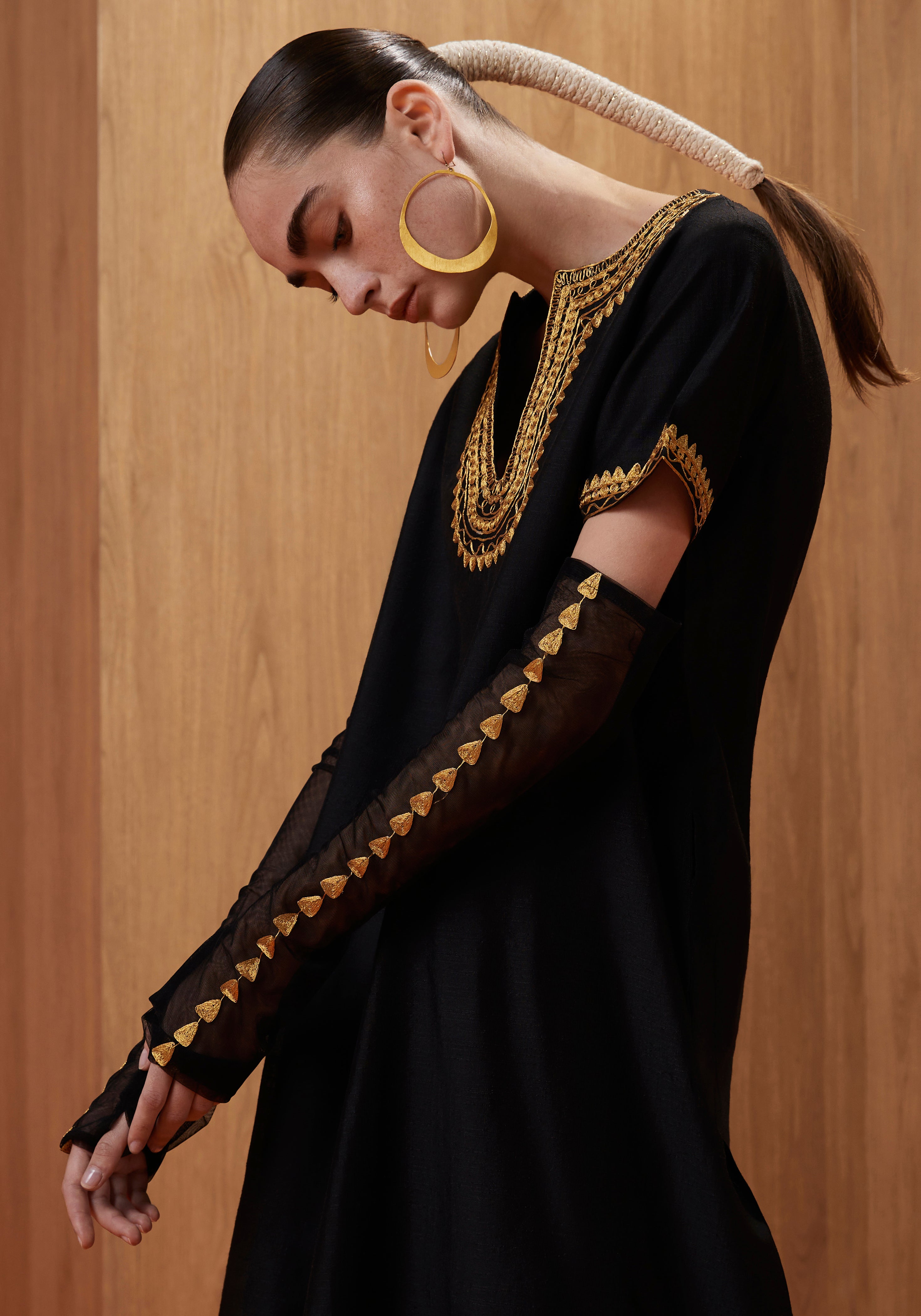 Black Kaftan with Sheer embroidered Gloves