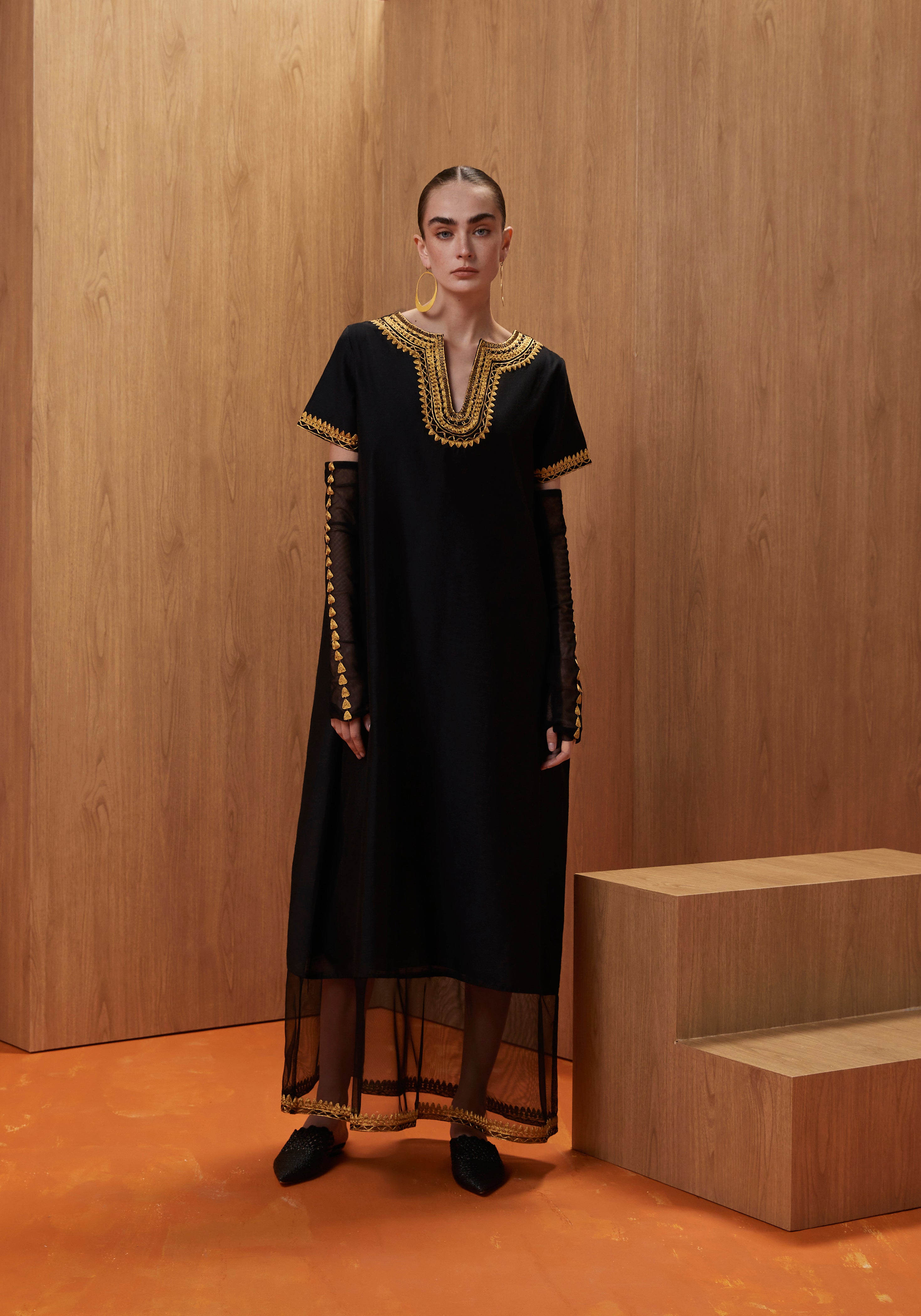 Black Kaftan with Sheer embroidered Gloves