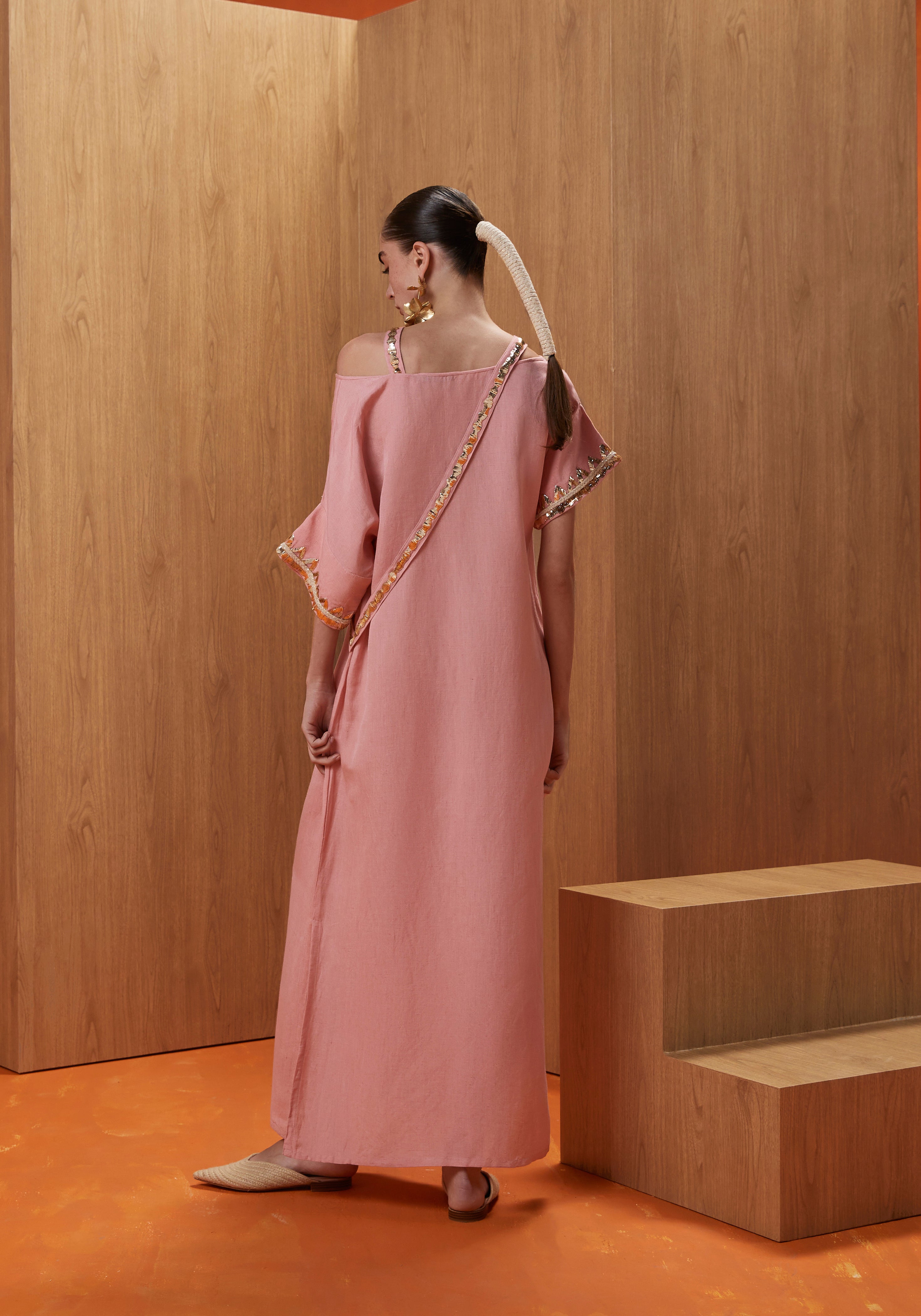 Pink Kaftan with gold embroidery