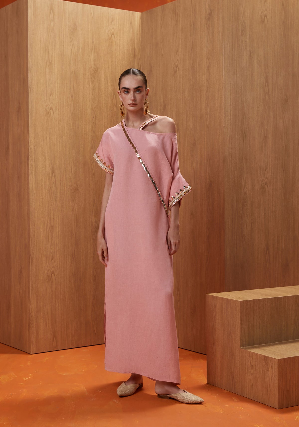 Pink Kaftan with gold embroidery