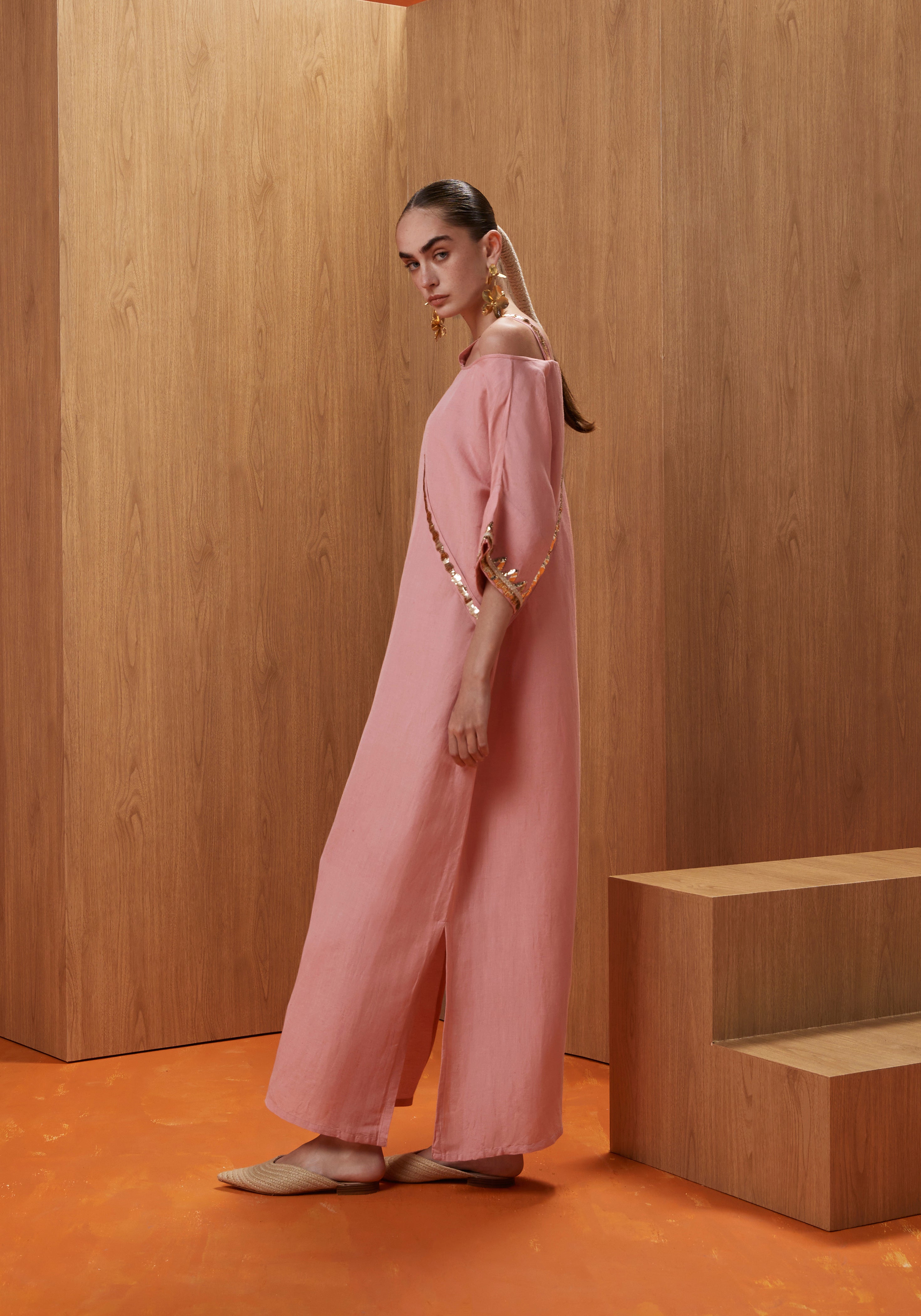 Pink Kaftan with gold embroidery